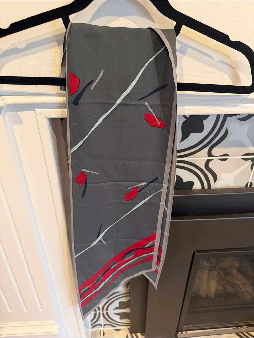 Gray Scarf with Red & Mint Abstract Accents, hair bag or neck scarf